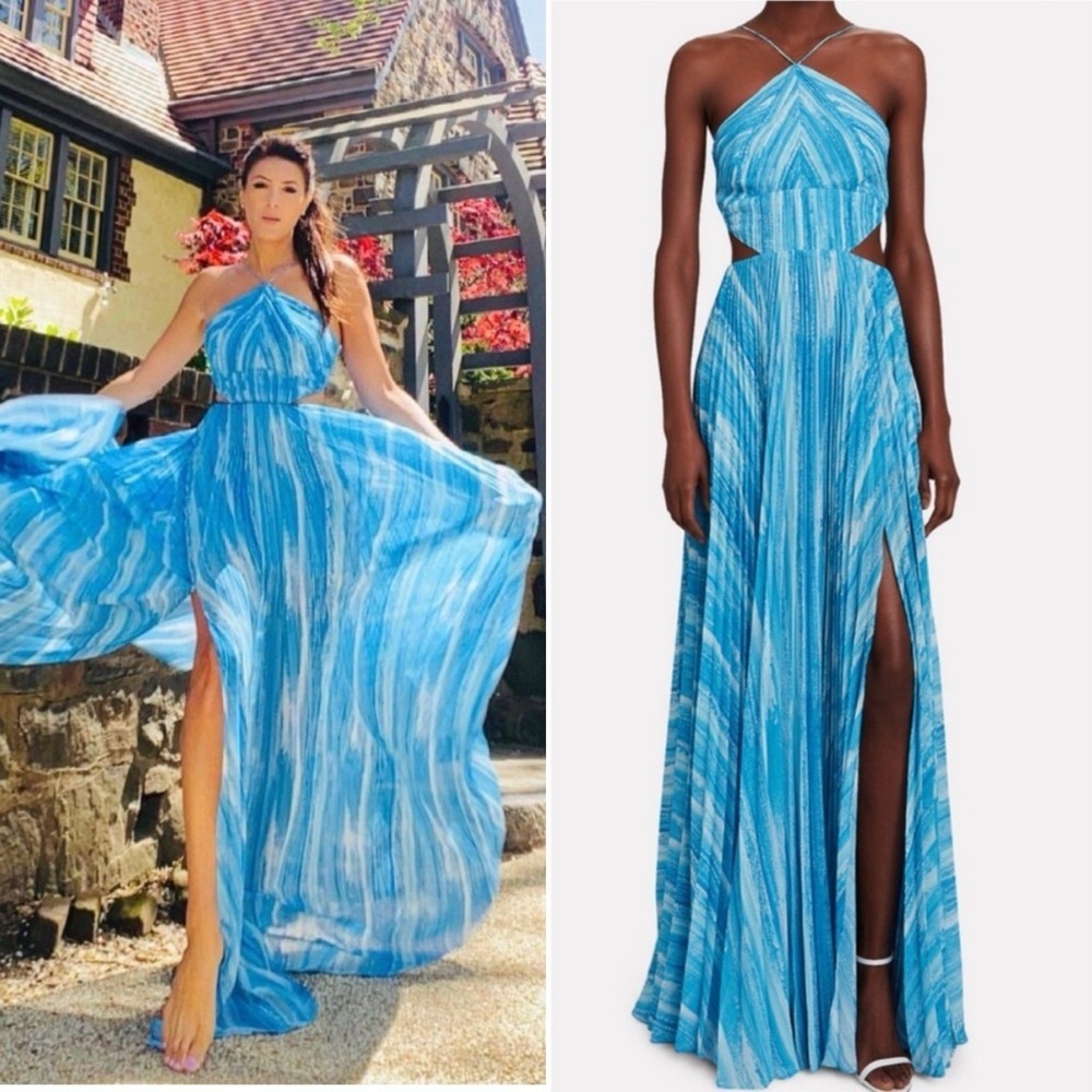 Amur Janet Pleated Striped Cutout Maxi Dress Blue Sz 0